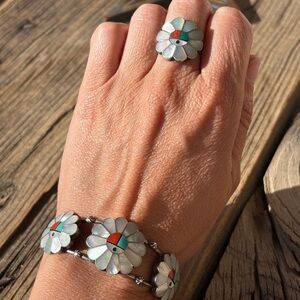 Set Native American Ring & Bracelet. Sterling Silver. Turquoise-Mother of Pearl